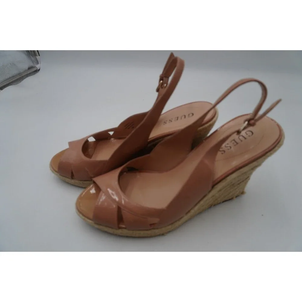 Guess Nude Patent Peep Toe Slingback Espadrille Wedge Heel Strap Sandals Sz 8.5M